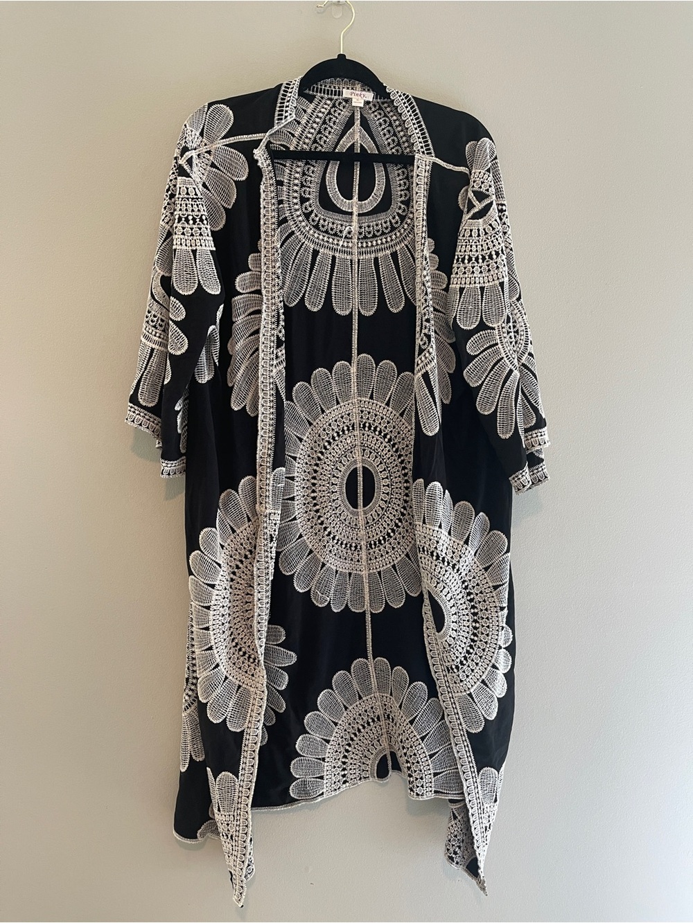 Pinky Medium Black Embroidered Open Front Kimono Lagenlook Boho Beachy Duster XL